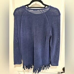 J.McLaughlin Italian Yarn Fringe Hem Sweater Size Medium Navy Blue Knit Top